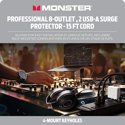 Monster Pro MI Professional Surge Protector Power Strip with Fireproof MOV Technology for Computers, Amplifiers, Pedal Boards, and Pro Audio Gear - 1960 Joule, 15 ft Cord, 8 Outlet, 2 USB