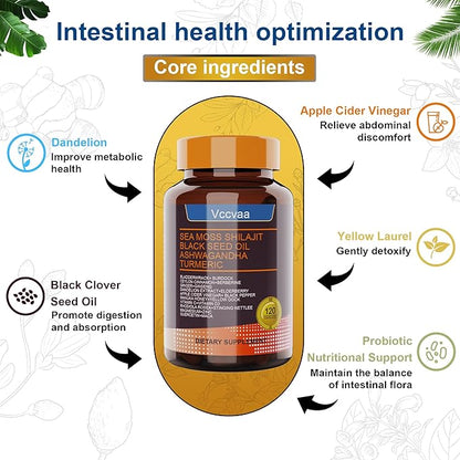 25-in-1 Sea Moss Capsules – Irish Sea Moss Black Seed Oil Ashwagandha Shilajit Ginger Turmeric Vitamin C & D3 Immune Gut, Energy Support – 120 Vegan Capsules