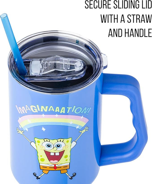 Silver Buffalo SpongeBob SquarePants “Imaginaaation!” Stainless Steel Tumbler with Handle, Fits in Standard Cup Holder, 40 Ounces