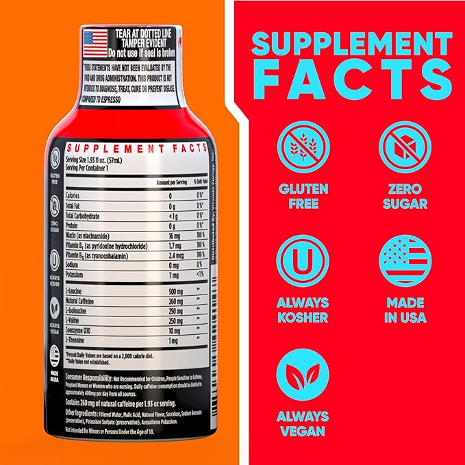 Vitamin Energy Focus+ Extra Strength Daily Energy Shot – Mango – 260mg Natural Caffeine, 100% DV B-Vitamins – Focus & Productivity Support – Zero Sugar, Vegan, Kosher – 1.93 fl oz, 48-Pack
