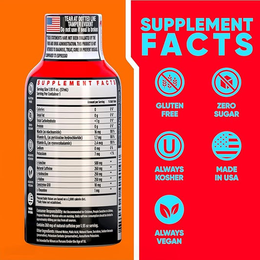 Vitamin Energy Focus+ Extra Strength Daily Energy Shot – Mango – 260mg Natural Caffeine, 100% DV B-Vitamins – Focus & Productivity Support – Zero Sugar, Vegan, Kosher – 1.93 fl oz, 48-Pack