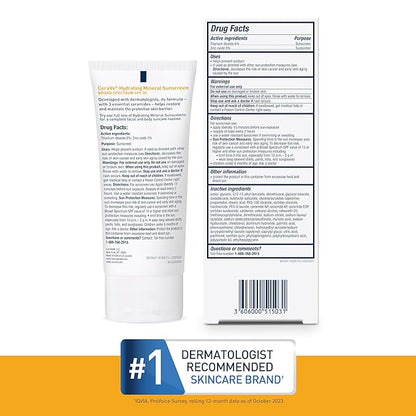 CeraVe 100% Mineral Sunscreen SPF 30 | Face sunscreen With Zinc Oxide & Titanium Dioxide | Hyaluronic Acid + Niacinamide + Ceramides | Oil Free Sunscreen For Face | Travel Size Sunscreen 2.5 oz
