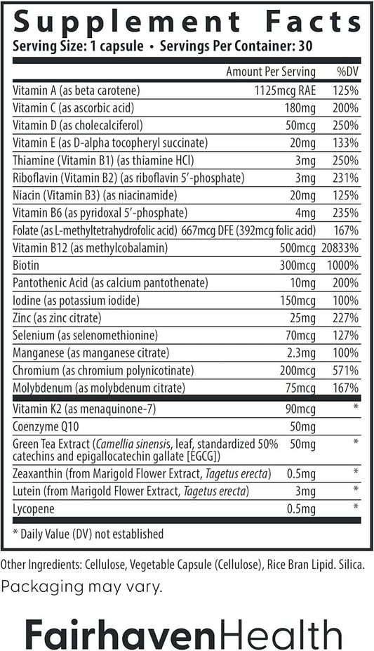 Fairhaven Health Women’s Multivitamin Essentials | Once-Daily Women’s Multivitamin Support for Energy, Immune Health, Eye Health, Hormone Balance | Gluten, Dairy, Soy Free | Non-GMO | 30 Capsules