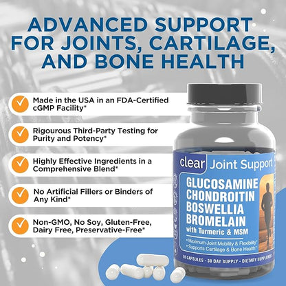 Glucosamine Chondroitin MSM Turmeric - Clear Maximum Joint Support, Healthy Cartilage Growth, Joint Flexibility Mobility, Bone Health - 2,075mg with Boswellia Quercetin Bromelain - 90 Capsules
