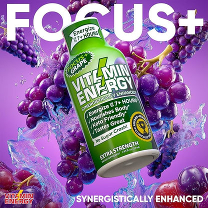 Vitamin Energy Focus+ Extra Strength Daily Energy Shot – Grape – 260mg Natural Caffeine, 100% DV B-Vitamins – Focus & Productivity Support – Zero Sugar, Vegan, Kosher – 1.93 fl oz, 12-Pack