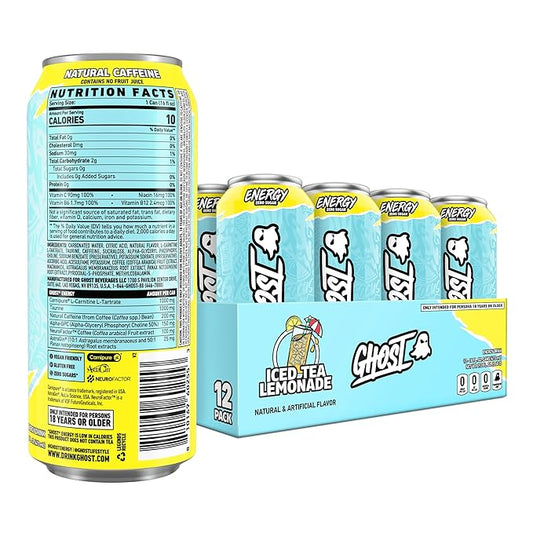 GHOST Energy Drink - 12-Pack, Iced Tea Lemonade, 16oz - Energy & Focus & No Artificial Colors - 200mg of Natural Caffeine, L-Carnitine & Taurine - Gluten-Free & Vegan