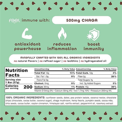 Feel Vegan Protein Bars | Mint Chocolate Chip | Keto | Gluten Free | Organic | Chaga Mushroom | 15g Plant Protein | Low Carb | High Protein | Dairy Free | Low Sugar | Grain Free | Nut Free | Soy Free