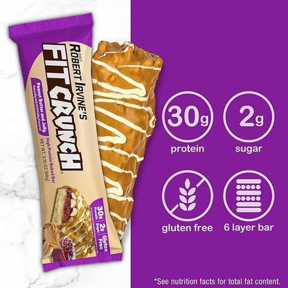 FITCRUNCH Full Size Protein Bars, 6-Layer Baked Bar, 2g of Sugar, Gluten Free & Soft Cake Core (12 Bars, Peanut Butter and Jelly)