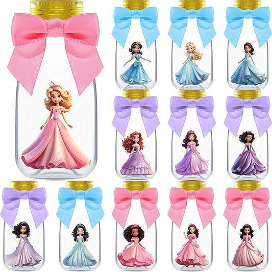 Small 12 Pack Princess Party Favors - DIY Candy Jars with Ribbons and Stickers - Party Decoration Bottles for Birthday, School Classroom, and Baby Shower for Girls - Table Centerpiece for Kids