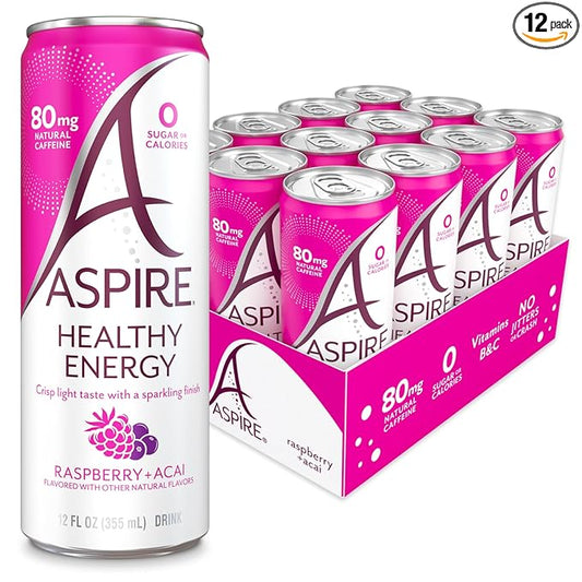 ASPIRE® Raspberry Acai, Healthy Energy Drink with Low Caffeine, No Sugar, Carbs, and Keto Friendly, 12 Pack