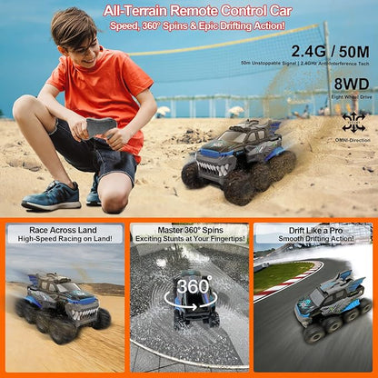 Amphibious Remote Control Car 8WD RC Monster Truck with 2 Rechargeable Batteries for Boys Age 8-12 Offroad Waterproof RC Pickup All Terrain RC Drift Cars Beach Pool Toys Gifts for Kids Blue