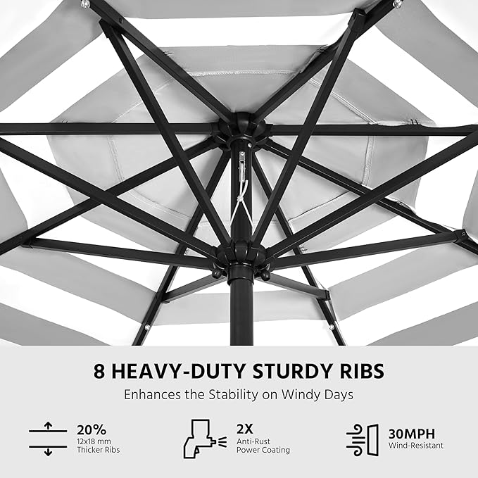 Yaheetech 9FT Solar Patio Umbrella 32 LED Lighted Table Umbrella with 8 Ribs/Tilt & Crank Lift System for Garden/Lawn/Deck/Backyard/Pool, Black/White