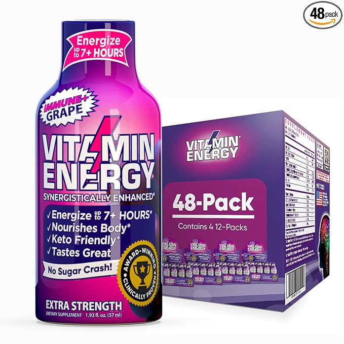 Vitamin Energy Immune+ Extra Strength Daily Energy Shot – Grape – 260mg Natural Caffeine, B-Vitamins, Green Tea, Citicoline – Immune & Focus Support – Zero Sugar, Vegan – 1.93 fl oz, 48-Pack