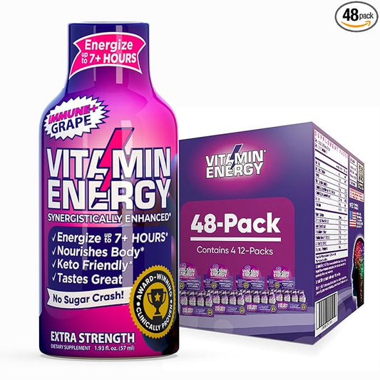 Vitamin Energy Immune+ Extra Strength Daily Energy Shot – Grape – 260mg Natural Caffeine, B-Vitamins, Green Tea, Citicoline – Immune & Focus Support – Zero Sugar, Vegan – 1.93 fl oz, 48-Pack