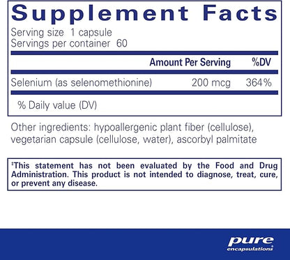 Pure Encapsulations Selenium - 200 mcg - for Healthy Cellular Function, Immune System & Antioxidant Defenses - Mineral Supplement - Vegan & Gluten Free - 60 Capsules