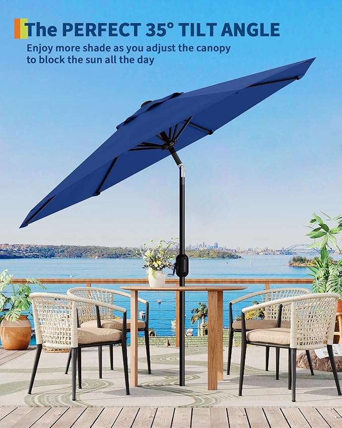 9FT Patio Umbrella Outdoor, Market Umbrella, Table Umbrella with Push Button Tilt and Crank, 8 Sturdy Ribs UV Protection Waterproof for Garden, Pool, Deck, Backyard (Navy Blue)