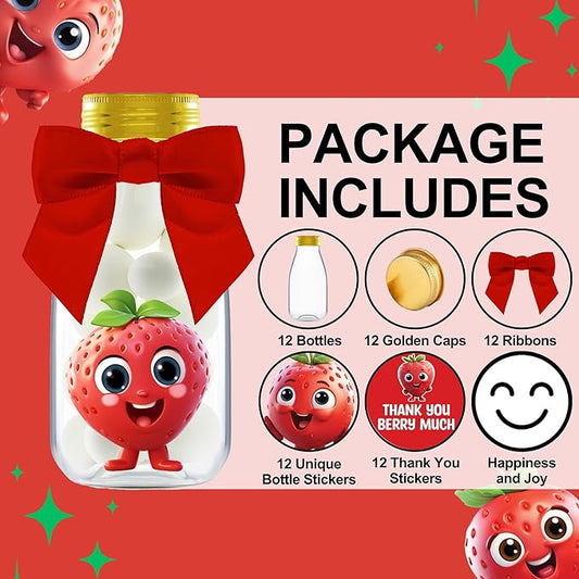 Small 12 Pack Strawberry Party Favors - DIY Candy Jars with Ribbons and Sticker - Party Decoration Bottles for Berry First Birthday, School Classroom, and Baby Shower - Kids Table Centerpiece Gifts