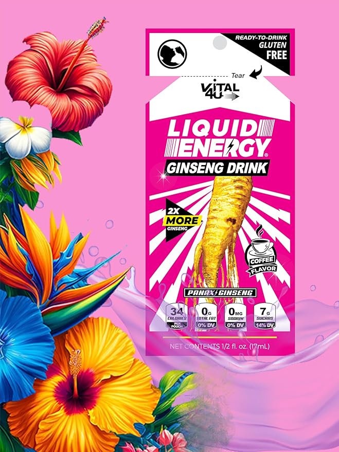 Vital 4U® Liquid Energy Shot - Ginseng, B Vitamins, Naturally Sweetened, Coffee Flavor, 24 ct