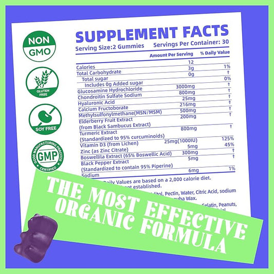 Glucosamine Chondroitin Gummies with MSM & Elderberry Extra Strength - Joint Support, Antioxidant Immune Support Supplement for Adults, Men & Women.60 Blueberry Gummies