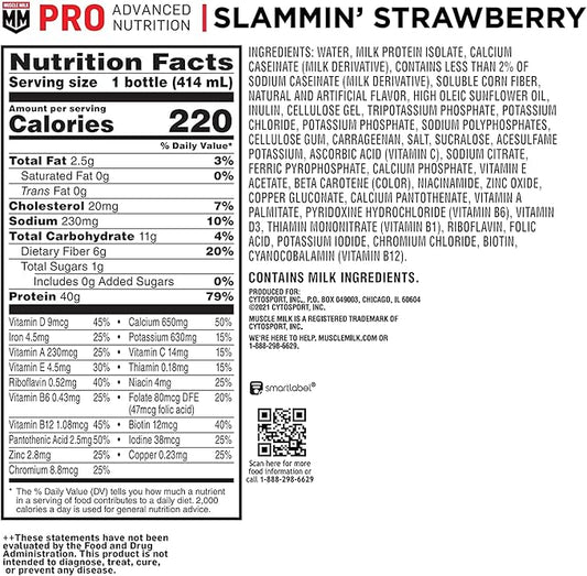 Muscle Milk Pro Series Protein Shake, Slammin' Strawberry, 40g Protein, 14 Fl Oz, 12 Pack
