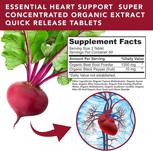 USDA Plant.O Premium Organic Beet Root Tablets [1350mg Beets Powder] with Black Pepper for Extra Absorption - Nitric Oxide Supplement