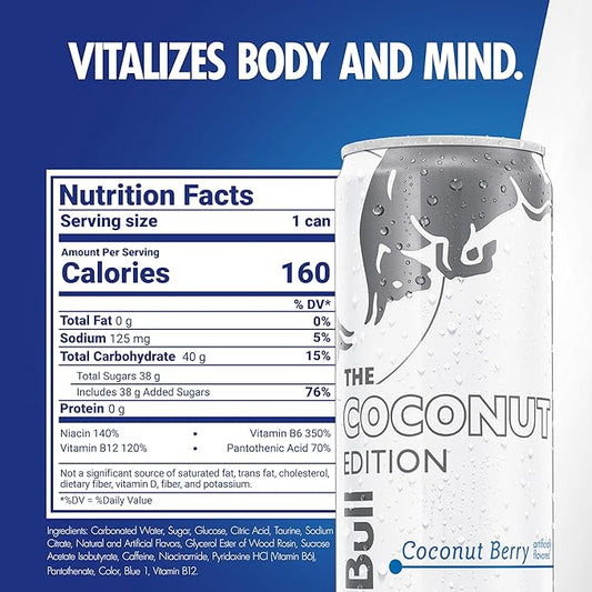 Red Bull Coconut Edition Energy Drink, Coconut Berry, with 114mg Caffeine plus Taurine & B Vitamins, 12 Fl Oz, Pack of 24 Cans