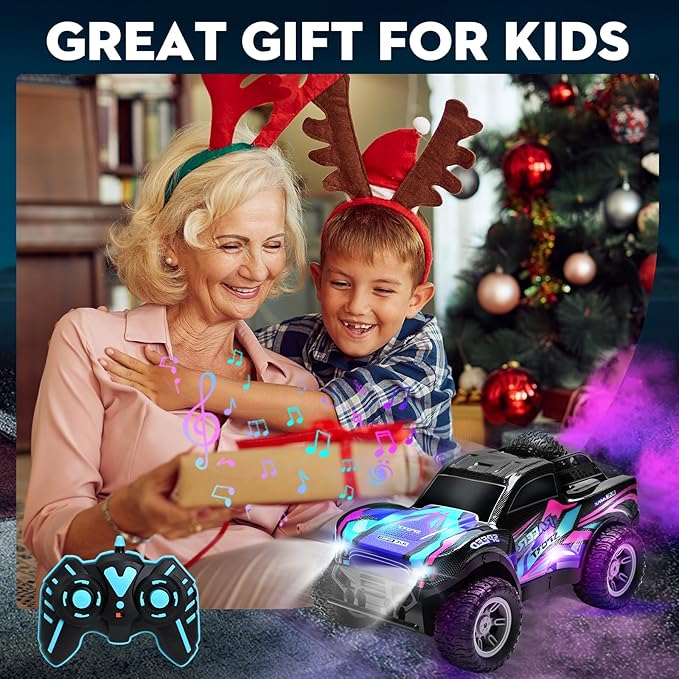 RC Cars 1:16 Remote Control Car for Boys 4-7 8-12,All Terrain Rechargeable Remote Control Truck for Kids, 2.4GHz Rc Monster Truck with Bodylight&Music&Spray, 20KM/H Car Toys for Ages 5-7, 8-13 Purple