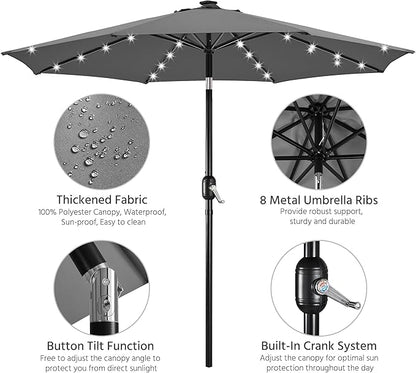 Yaheetech 10FT LED Lighted Patio Umbrella, Outdoor Solar Table Umbrella with 8 Ribs/Tilt Adjustment and Crank Lift System for Garden/Deck/Pool, Gray