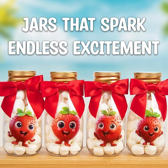 Small 12 Pack Strawberry Party Favors - DIY Candy Jars with Ribbons and Sticker - Party Decoration Bottles for Berry First Birthday, School Classroom, and Baby Shower - Kids Table Centerpiece Gifts