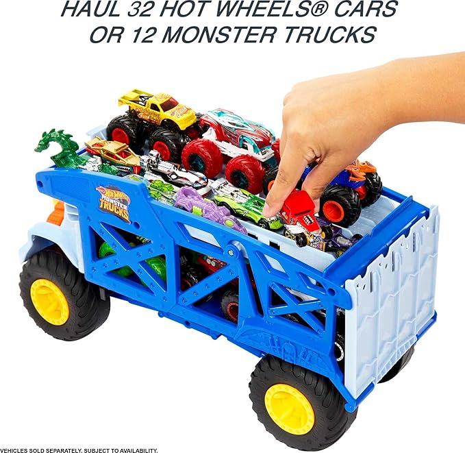Hot Wheels Monster Trucks Toy Hauler, Oversized Truck Carries & Stores 12 1:64 Scale Monster Trucks or 32 Cars, Monster Mover Rhino