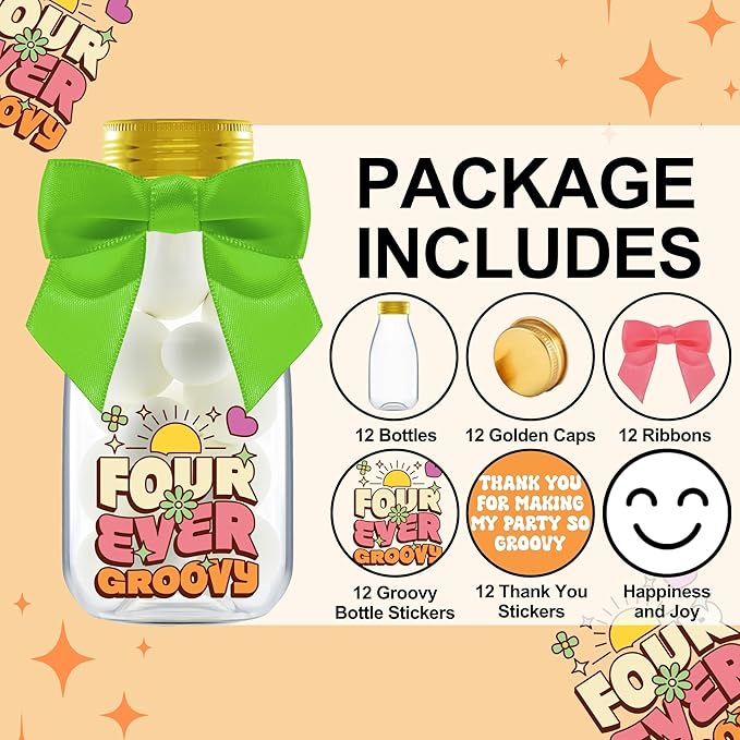 Small 12 Pack Four Ever Groovy Party Favors - DIY Candy Jars with Ribbons and Stickers - Funky Party Decoration Bottles for 4th Birthday Bash for Boy or Girl - Retro Hippie Table Centerpiece