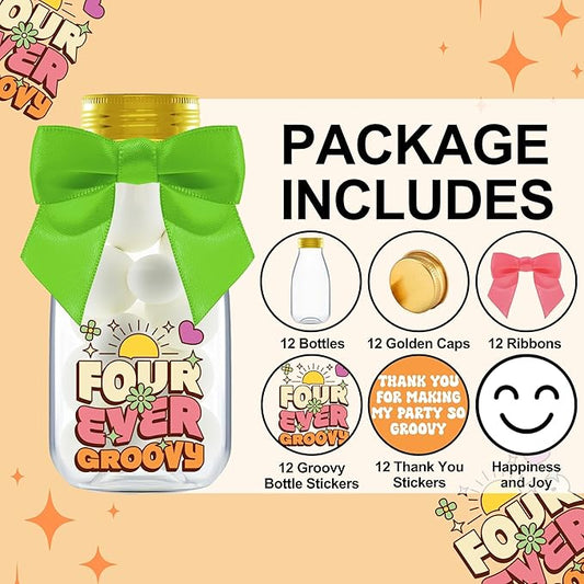 Small 12 Pack Four Ever Groovy Party Favors - DIY Candy Jars with Ribbons and Stickers - Funky Party Decoration Bottles for 4th Birthday Bash for Boy or Girl - Retro Hippie Table Centerpiece