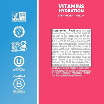 Nuun Hydration Vitamins Electrolyte Tablets, Strawberry Melon, 5 Essential Electrolytes for Hydration + Vitamin A, B6, C, D, E, with Magnesium, Vegan, Non-GMO, 8 Pack (96 Servings)