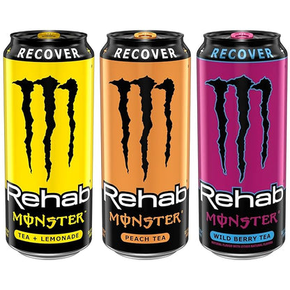 Monster Energy Rehab Tea + Lemonade, Peach Tea, Wild Berry Tea, Variety Pack, Energy Iced Tea,15.5 Ounce (Pack of 15)