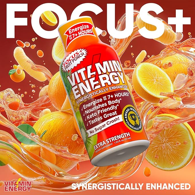 Vitamin Energy Focus+ Extra Strength Daily Energy Shot – Fruit Punch – 260mg Natural Caffeine, 100% DV B-Vitamins – Focus & Productivity Support – Zero Sugar, Vegan, Kosher – 1.93 fl oz, 24-Pack
