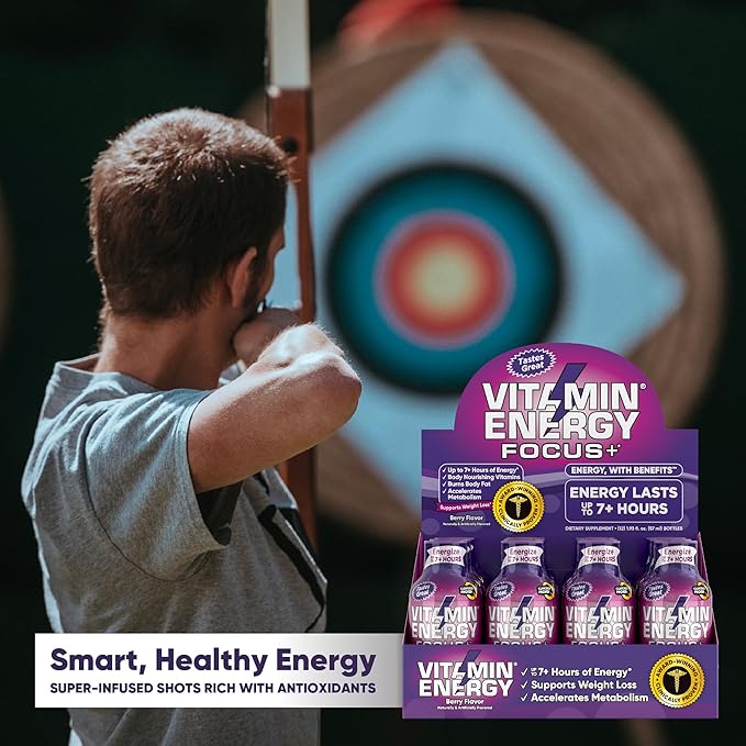 Vitamin Energy Focus+ Energy Drink Shot, Up to 7+ Hours of Energy, Berry, 1.93oz, 12 Count