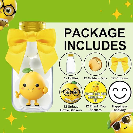 Small 12 Pack Lemon Party Favors - DIY Candy Jars with Ribbons and Stickers - Party Decoration Bottles for Wedding, Birthday, Classroom, and Baby Shower - Lemon Table Centerpiece for Kids