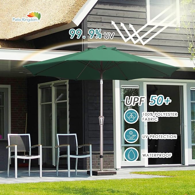 PatioKingdom 9FT Patio Outdoor Umbrella-UPF 50+ Sun Shade with Wind Vent, Push-Button Tilt & Smooth Crank Lift, Rust-Resistant Fiberglass Frame for Garden, Backyard,Yard