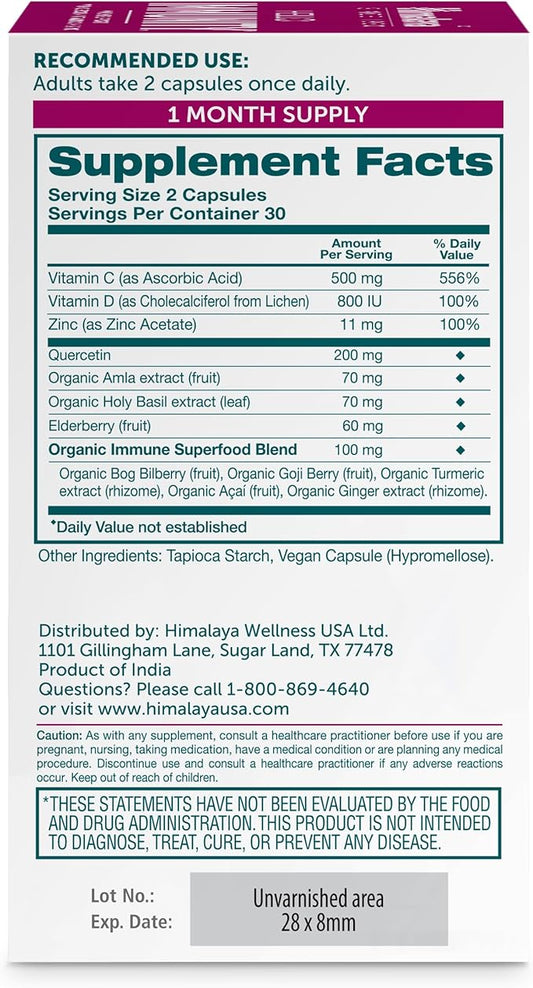 Himalaya Hello Immunity with Quercetin, Vitamin C, Vitamin D, Zinc, Amla, Elderberry & Holy Basil for Daily Immune Support, Vegan, Gluten Free, 60 Capsules, 1 Month Supply