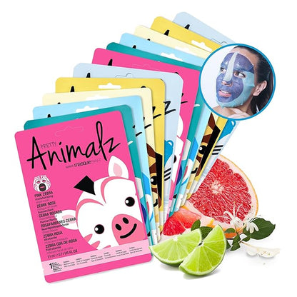 masque BAR Pretty Animalz Facial Sheet Masks, Fun & Unique Skincare Face Mask with Animal Character Prints, Hydrating & Soothing Korean Facial Mask, Nourishing & Exfoliating Skin Care, Pack of 12