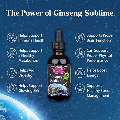 Dragon Herbs Ginseng Sublime Drops | All Natural Extract Supplement to Support Energy, Stress, Focus, Skin, Endurance, Lungs, Immune Health | American, Red, and White Ginseng | 2 fl. oz