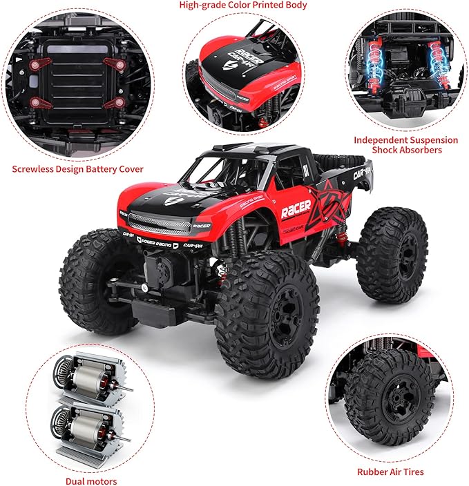 RC Trucks 4x4 Offroad Waterproof - 1:12 Scale Large Amphibious Remote Control Car, Dual Motors Crawler Vehicle, Monster Toys with 3 Rechargeable Batteries, Best Gift for Kids Adults