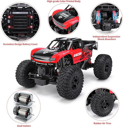 RC Trucks 4x4 Offroad Waterproof - 1:12 Scale Large Amphibious Remote Control Car, Dual Motors Crawler Vehicle, Monster Toys with 3 Rechargeable Batteries, Best Gift for Kids Adults