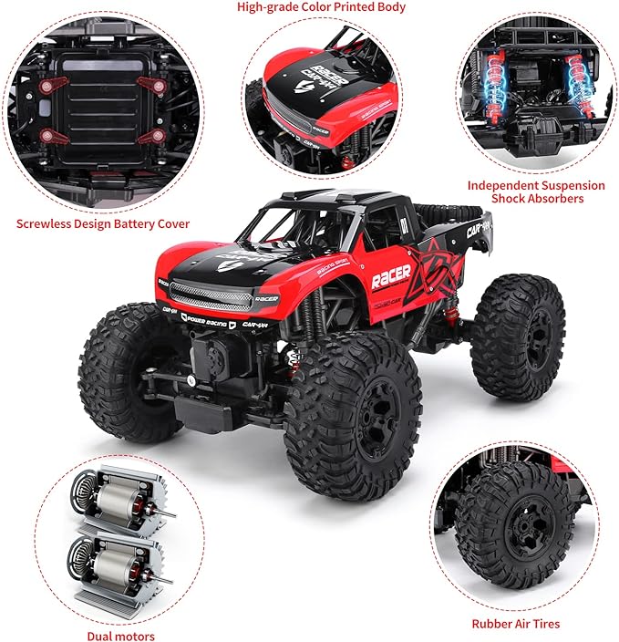 RC Trucks 4x4 Offroad Waterproof - 1:12 Scale Large Amphibious Remote Control Car, Dual Motors Crawler Vehicle, Monster Toys with 3 Rechargeable Batteries, Best Gift for Kids Adults