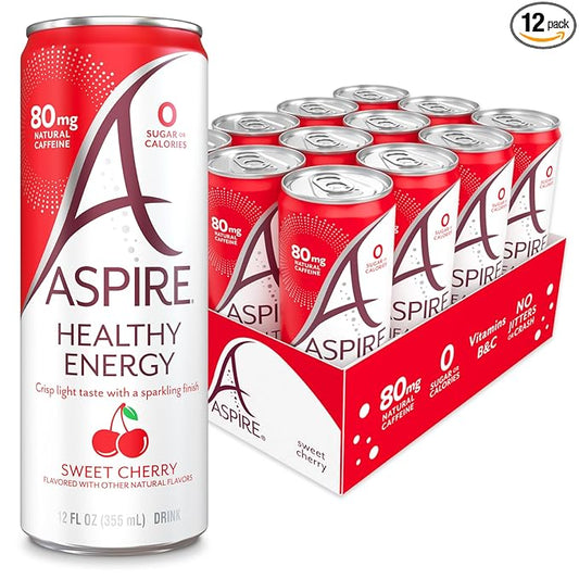 ASPIRE® Sweet Cherry Healthy Energy Drinks with 80mg Natural Caffeine - Refreshing Beverages, Zero sugar energy drinks for Sustained Energy and Focus, Low Caffeine Variety Pack, Keto drink, 12-Pack