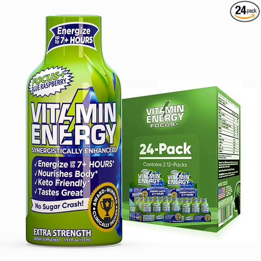 Vitamin Energy Focus+ Extra Strength Daily Energy Shot – Blue Raspberry – 260mg Natural Caffeine, 100% DV B-Vitamins – Focus & Productivity Support – Zero Sugar, Vegan, Kosher – 1.93 fl oz, 24-Pack