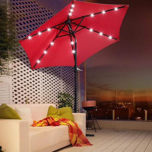 Yaheetech 7.5FT Solar Powered Patio Umbrella - UV Protection Market Table Umbrella w/18 LED Lights & Push Button Tilt & Crank Lift System for Garden/Lawn/Deck/Backyard/Pool,Red