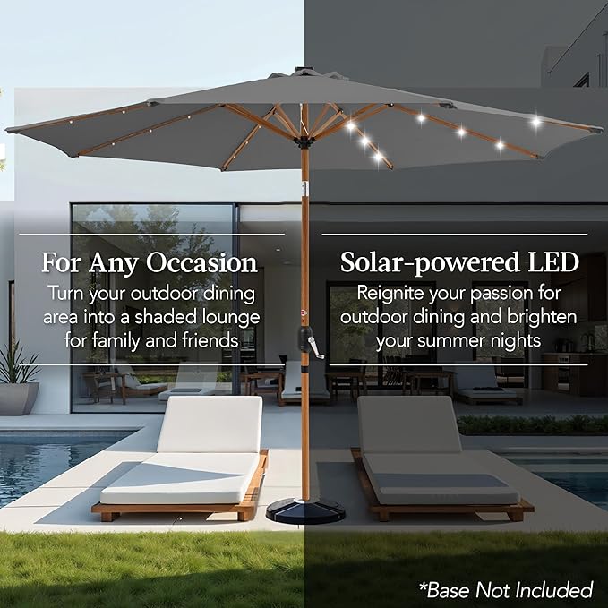 Best Choice Products 10ft Solar Market Patio Umbrella w/Woodgrain Pattern Pole, LED Lights, Tilt & Crank – Outdoor Sun Shade for Backyard Table, Deck, Poolside – Gray