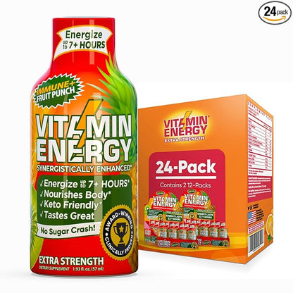 Vitamin Energy Immune+ Extra Strength Daily Energy Shot – Fruit Punch – 260mg Natural Caffeine, B-Vitamins, Green Tea, Citicoline – Immune & Focus Support – Zero Sugar, Vegan – 1.93 fl oz, 24-Pack