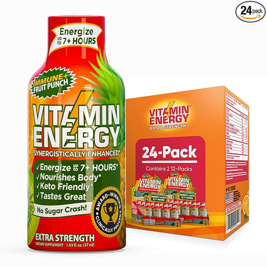 Vitamin Energy Immune+ Extra Strength Daily Energy Shot – Fruit Punch – 260mg Natural Caffeine, B-Vitamins, Green Tea, Citicoline – Immune & Focus Support – Zero Sugar, Vegan – 1.93 fl oz, 24-Pack